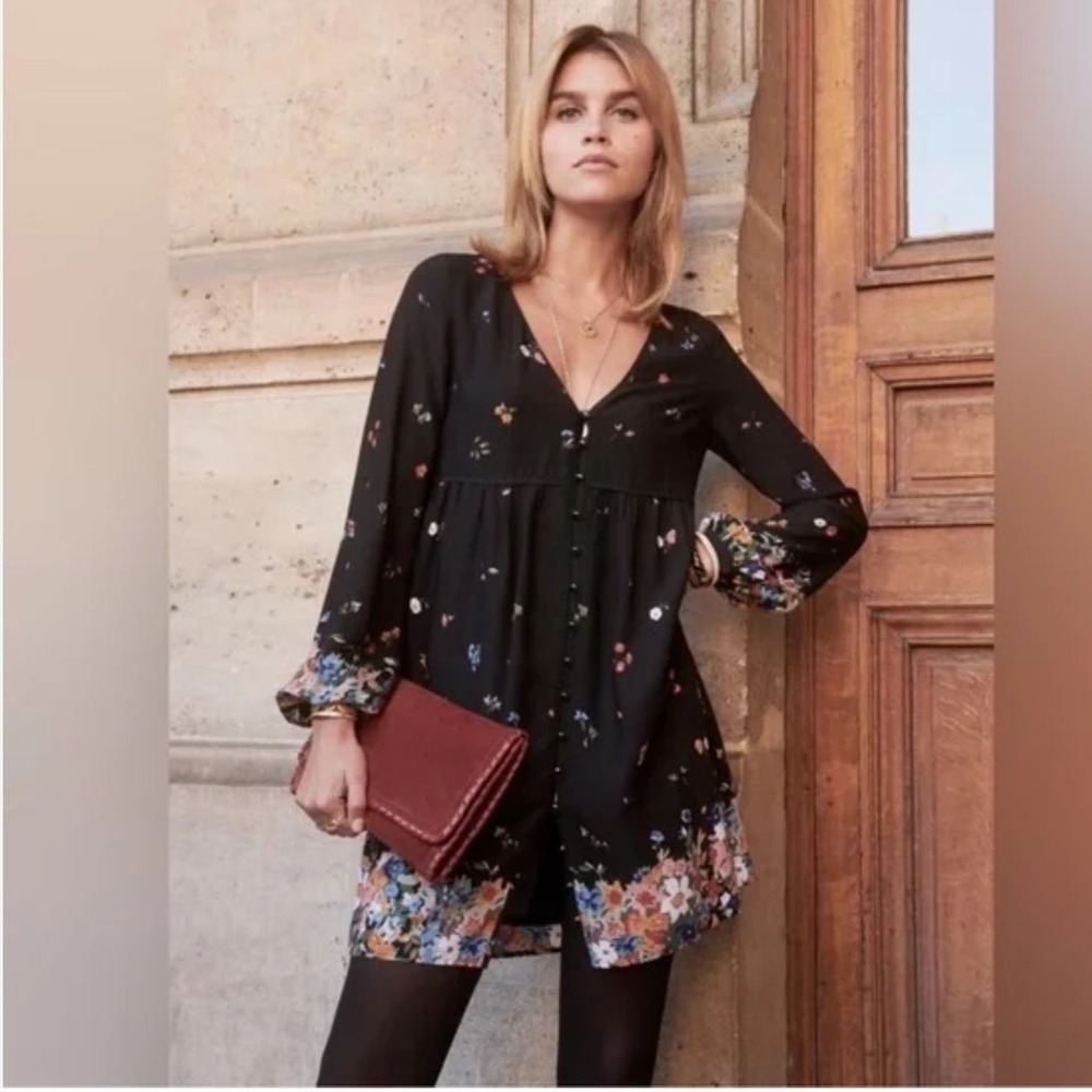 Sezane Black Floral Button Front Babydoll Mini Dress Size 38 US 6 AS IS FLAWED